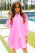 Pink Contrast Striped Collar Patchwork Puff Sleeve Ruffle Hem Mini Dress