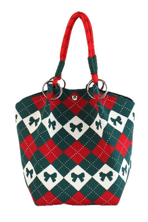 Fiery Red Retro Argyle Bow Printed Fashion Knit Bucket Bag