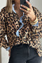 Brown Wild Leopard Print Contrast Striped Frilled Trim Chic Shirt