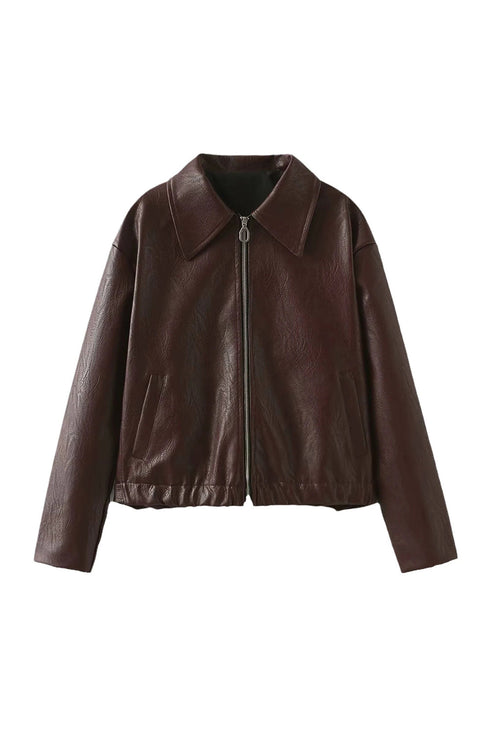 Wild Ginger Retro Elastic Hem Zip Up Leatherette Jacket