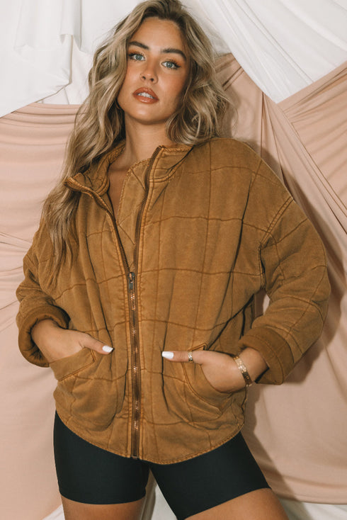 Chestnut Winter Quilted Zip Up Pocketed Jacket