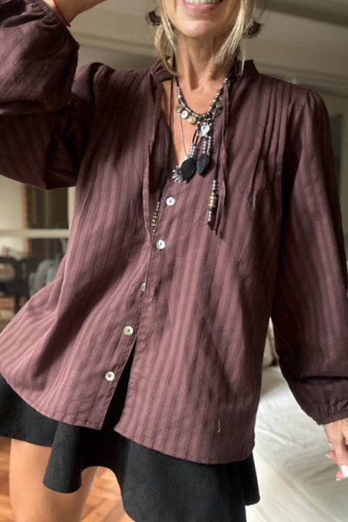 Wild Ginger Striped Jacquard Tie Split Neck Long Puff Sleeve Shirt