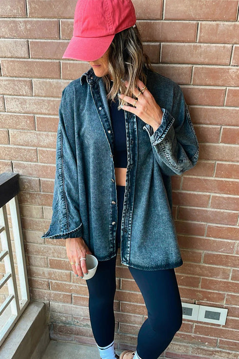 Real Teal Contrast Panel Patchwork Button Down Boyfriend Style Denim Jacket