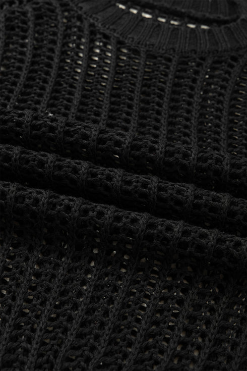 Black Plus Size Open Knit Bow Tie Short Sleeve Sweater