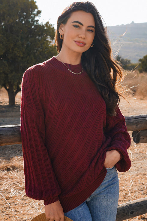 Red Dahlia Solid Color Textured Knit High Neck Drop Shoulder Sweater