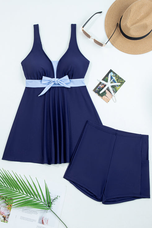 Navy Blue Color Block Patchwork Bow Knot Detail Sleeveless Swim Dress