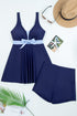 Navy Blue Color Block Patchwork Bow Knot Detail Sleeveless Swim Dress