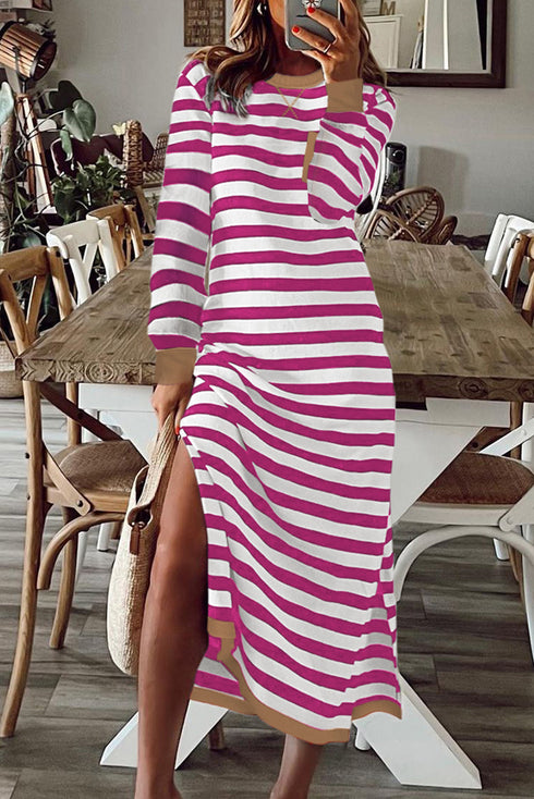 Rose Stripe Striped Print Contrast Edge Long Sleeve Midi Dress with Side Splits