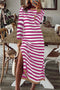 Rose Stripe Striped Print Contrast Edge Long Sleeve Midi Dress with Side Splits