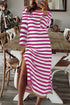 Rose Stripe Striped Print Contrast Edge Long Sleeve Midi Dress with Side Splits