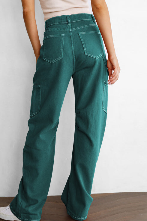 Green High Waist Straight Leg Cargo Pants with Pockets