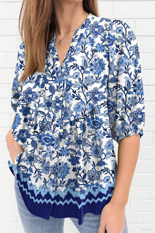 Sky Blue Floral Print Tie V Neck Button Down Puffy Half Sleeve Shirt