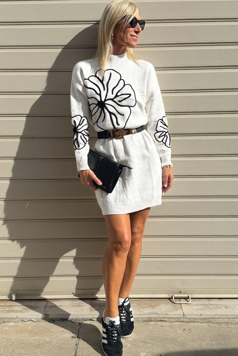 White Floral Embroidered Mock Neck Mini Sweater Dress