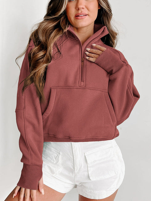 brown-zip-up-stand-collar-ribbed-thumbhole-sleeve-sweatshirt