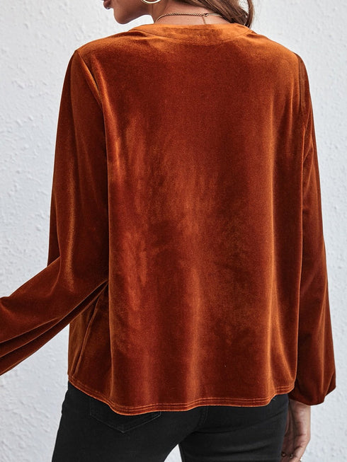 Gold Flame Lantern Sleeve Beaded Split V Neck Velvet Top