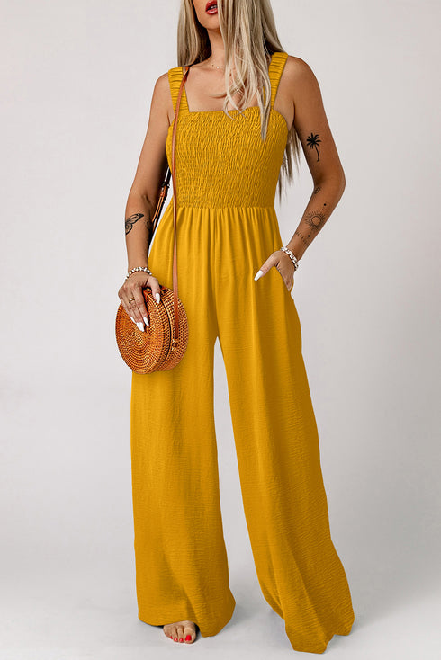 Ginger Smocked Sleeveless Wide Leg Jumpsuit with Pockets