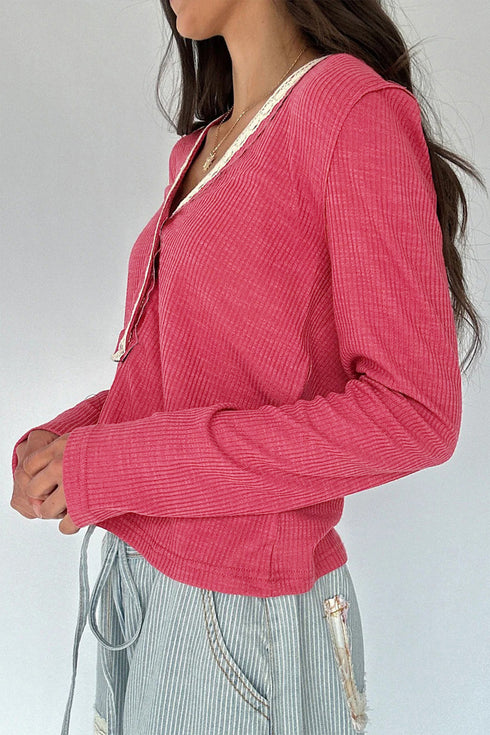 Racing Red Ribbed Texture Contrasted Lace Trim Button V Neck Long Sleeve Top
