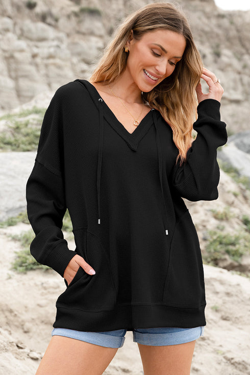 Black Oversize Waffle Drop Shoulder Exposed Seam V Neck Hoodie with Pockets