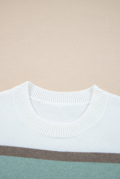 White Striped Color Block Knit Drop Shoulder Sweater