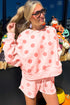 Pink Polka Dot Print Drop Shoulder Pullover Drawstring Shorts Set