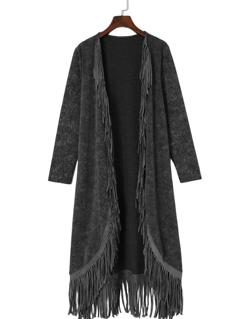 black-fringed-hem-pocketed-open-cardigan