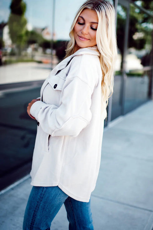 White Solid Color Exposed Seam Patchwork Button Down Fleece Shacket