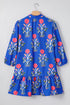 Blue Floral Print Button Detail 3/4 Puff Sleeve Ruffle Hem Dress