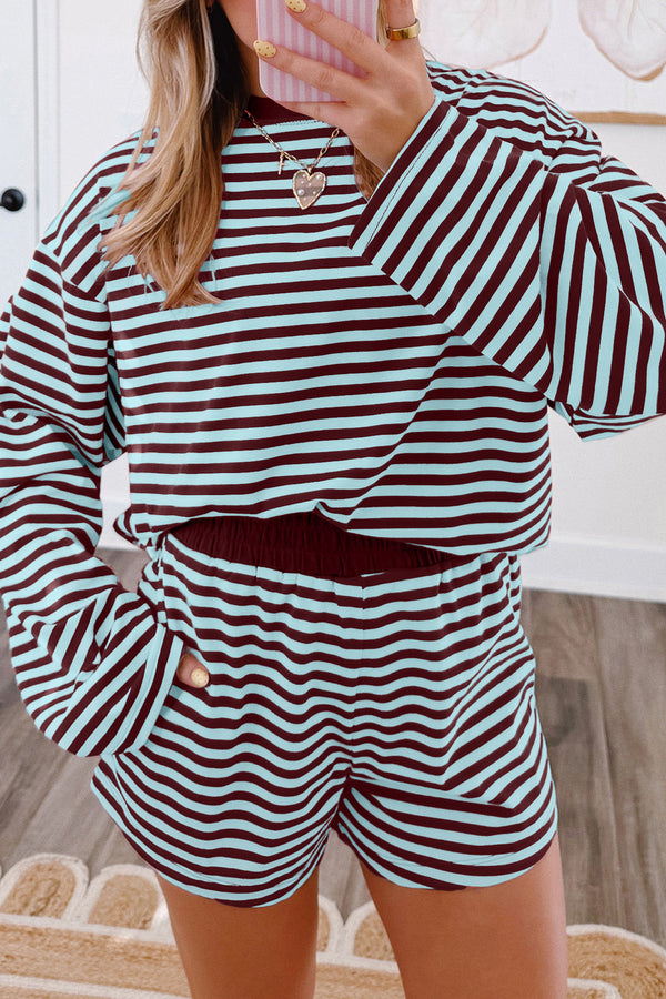 Women's Brown Striped Relaxed Long Sleeve Top with Elastic Waistband Shorts Set - Chic Everyday Comfort Outfit