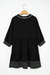 Black Contrast Stitched V Neck 3/4 Sleeve Tiered Mini Dress