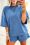 Blue Stripe Striped Ribbed Cotton Two-Piece Short Set with Chest Patch Detail