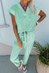 Mint Green Solid Color V Neck Tee Drawstring Pant Set