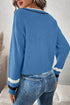 Blue Contrast Striped Trim V Neck Drop Shoulder Sweater