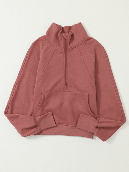 brown-zip-up-stand-collar-ribbed-thumbhole-sleeve-sweatshirt