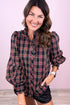 Multicolour Plaid Pattern Frilled Collared Puff Sleeve Shirt