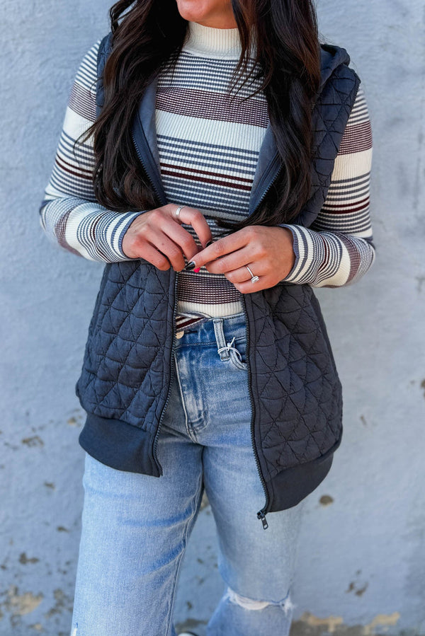 Dark Grey Quilted Texture Zip Up Hooded Vest