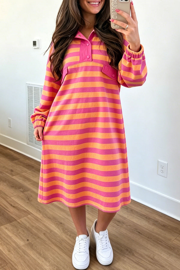 Elegant Women's Rose Stripe Midi Dress with Long Sleeves and Polo Neck – Stylish, Comfortable Fit for Any Occasion
