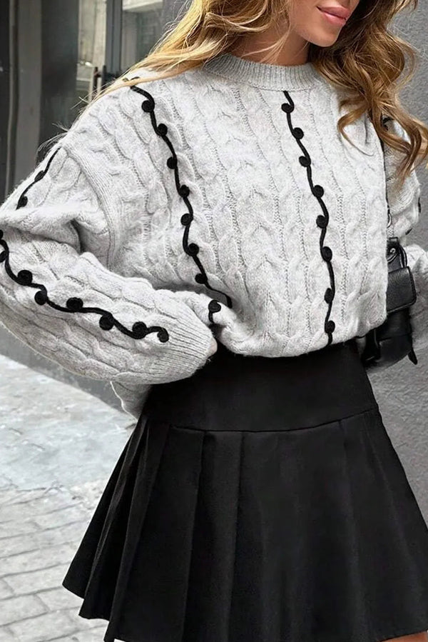 Light Grey Cable Knit Contrast Corded Detail Drop Shoulder Sweater