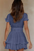 Blue Deep V Neck Self-tie Knotted Front Layered Flare Mini Dress