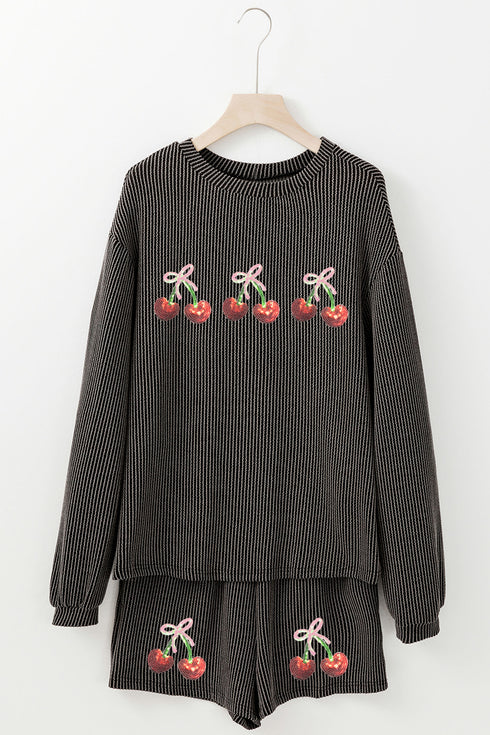 Carbon Grey Twisted Ribbed Sequin Cherry Patched Long Sleeve Pullover and Shorts 2pcs Set