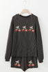 Carbon Grey Twisted Ribbed Sequin Cherry Patched Long Sleeve Pullover and Shorts 2pcs Set