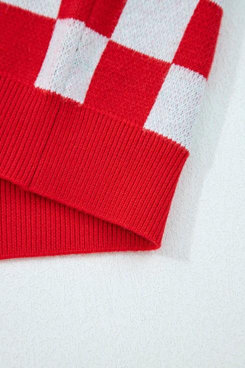 Red Checkered Christmas Tree Pattern Button V Neck Cardigan Sweater