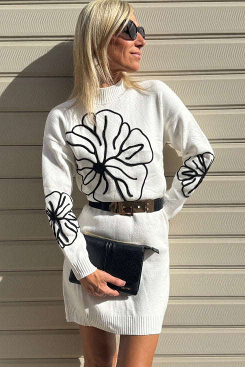 White Floral Embroidered Mock Neck Mini Sweater Dress