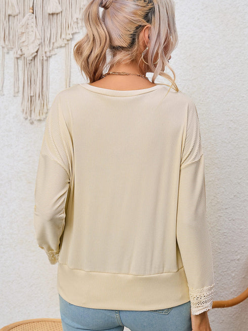 Apricot Ribbed Texture Lace Trim V Neck Long Sleeve Top