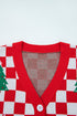 Red Checkered Christmas Tree Pattern Button V Neck Cardigan Sweater