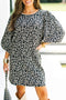 Black Leopard Print Bubble Sleeve Shift Mini Dress