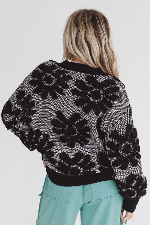 Black Plush Flower Pattern Drop Shoulder Sweater