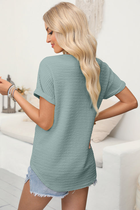 Beau Blue Textured Wide Sleeve V Neck T Shirt