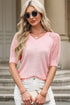 Apricot Pink Solid Color Knit Contrast Hollowed Short Sleeve V Neck Sweater
