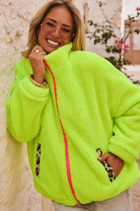 Pear Green Fuzzy Contrast Trim Full Zip Sherpa Jacket with Pockets