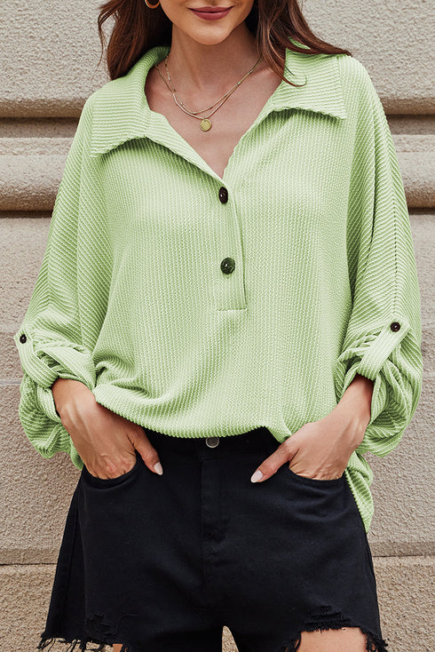 Clearly Aqua Oversized Twist Ribbed Collared Henley Top with Roll up Sleeve